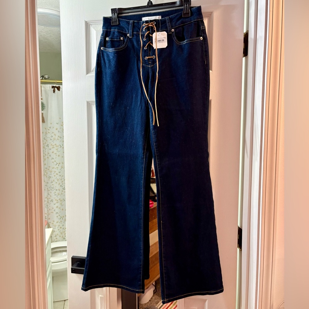 Altar'd State Navy Flare Jeans with Lace-Up Detail
